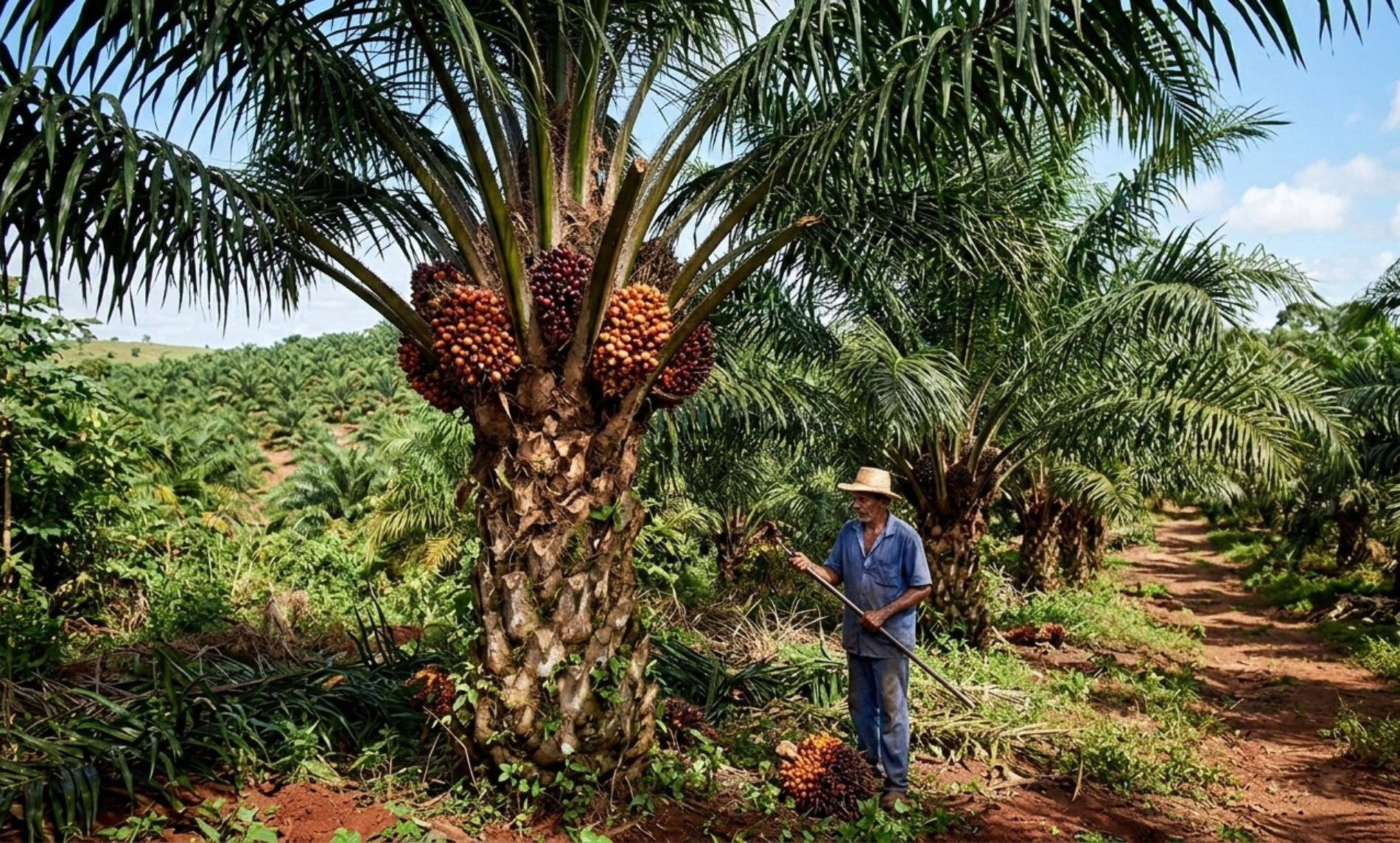 Frutos de dendê maduros na fazenda